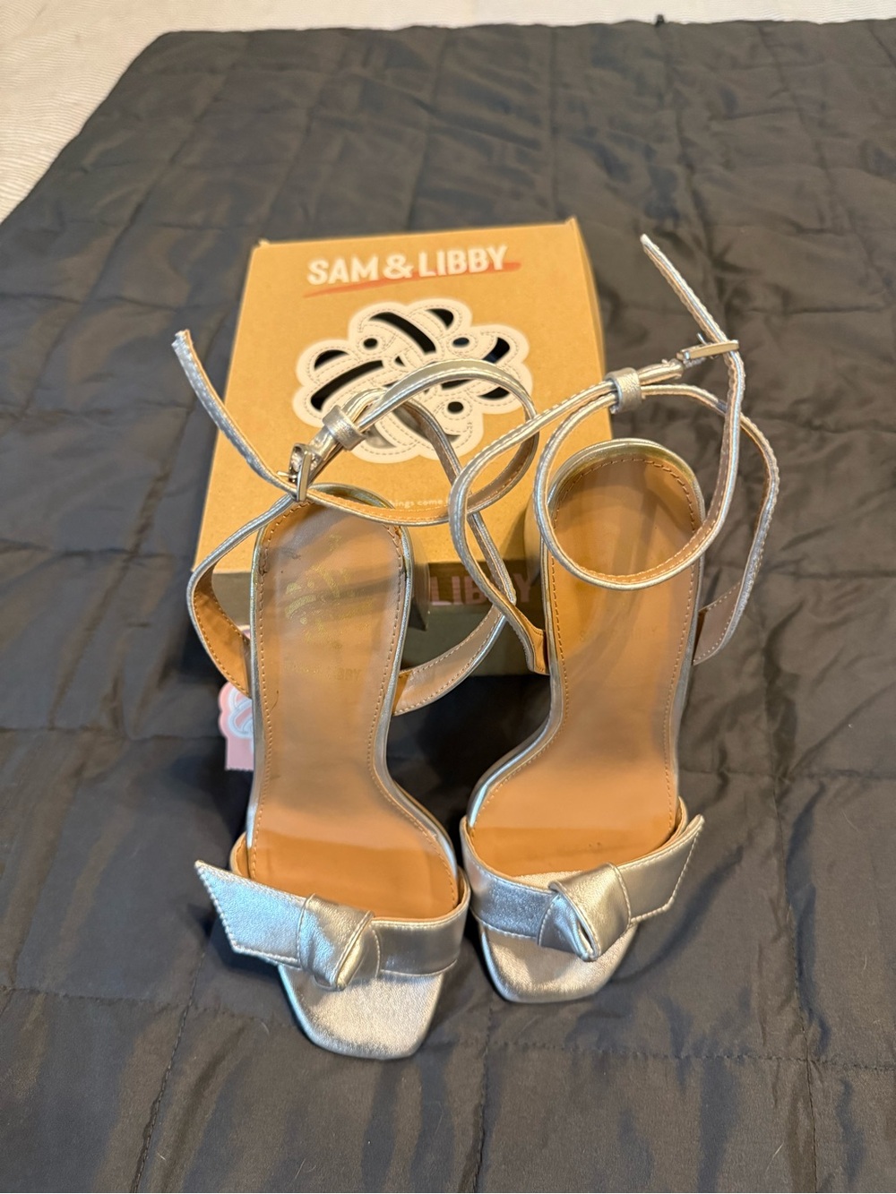 Sam & Libby Metallic Silver Knot Front Ankle-Strap Heels